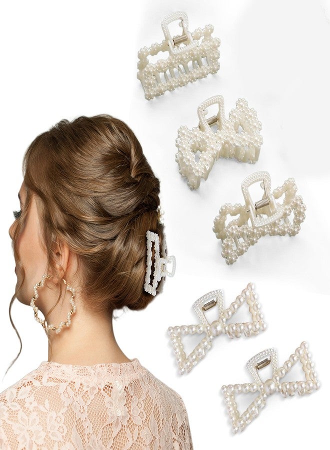 Merdia 5 PCS Simulated Pearl Hair Claw Clips for Women | Multi-Use Barrettes for Thin Hair with Non-Slip Strong Hold | Barrettes for Thick & Curly Hair Accessories | Flat Claw Clips for Women, Off-White - Image 1